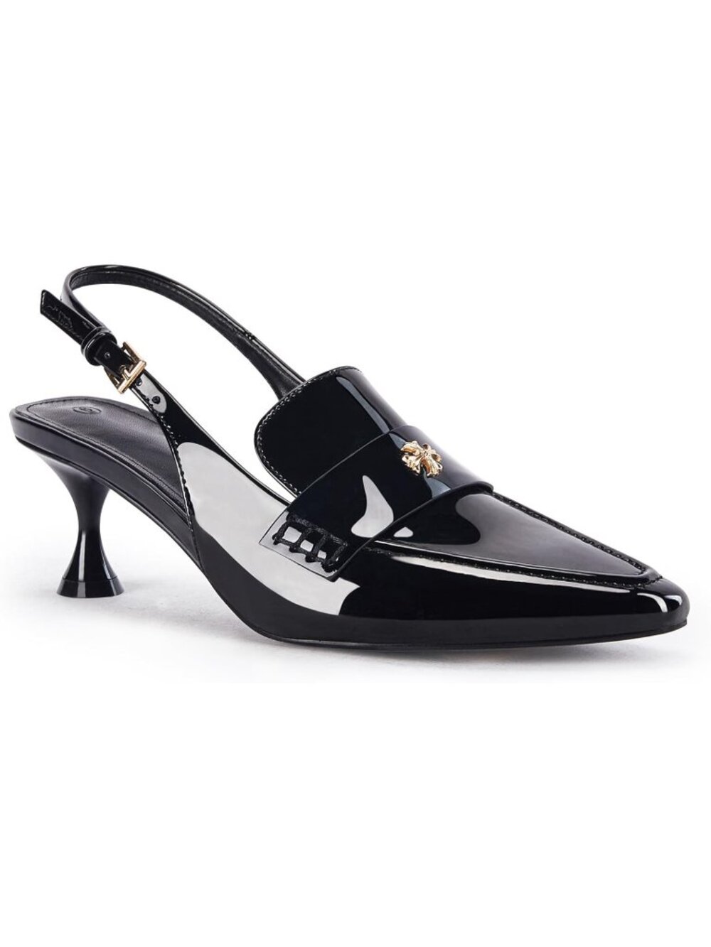 Women's Black Faux Leather Pointed Toe Slip On Ankle Buckle Kitten Heel Pumps